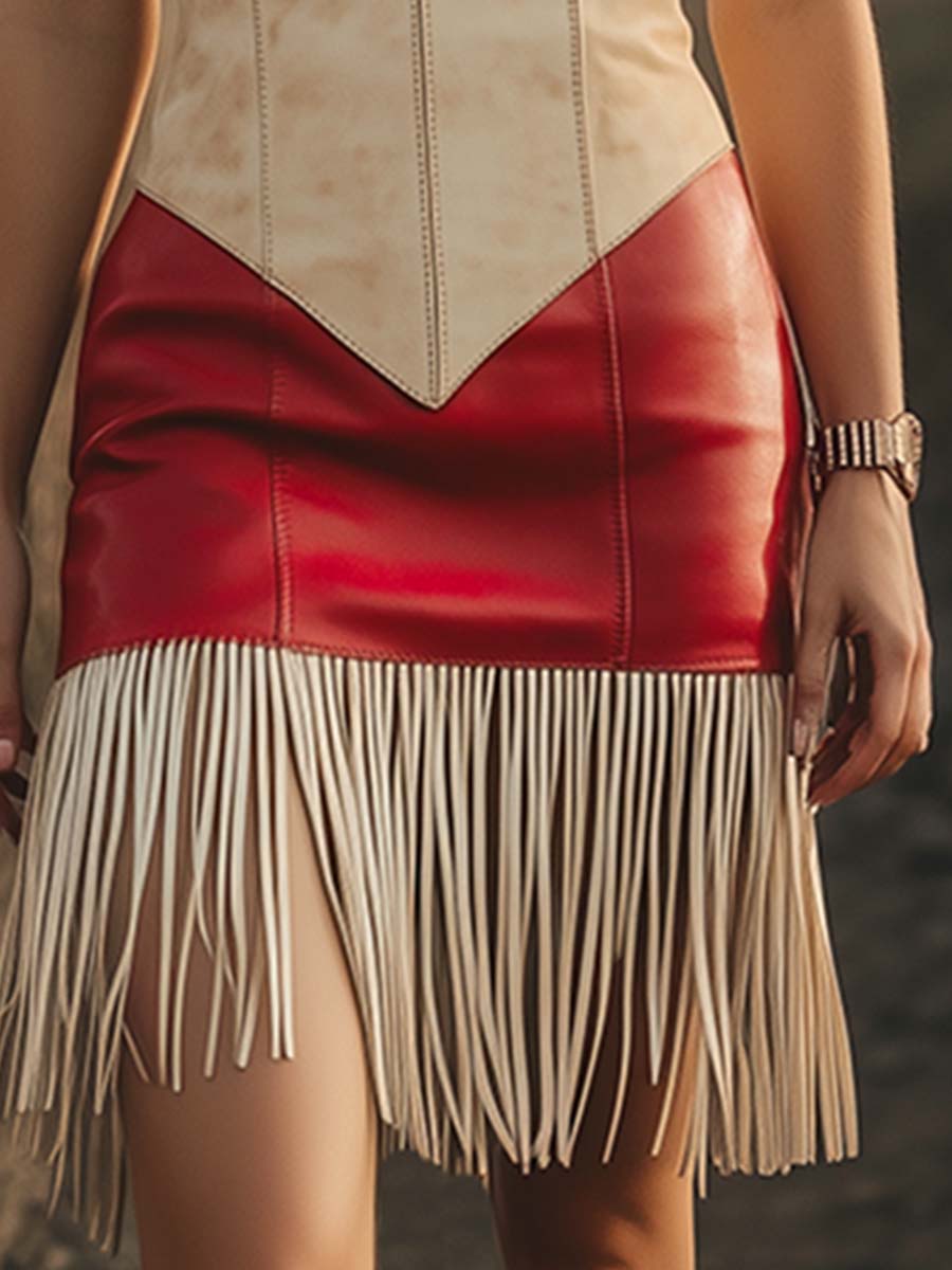 【Expédition Rapide en 24h】Robe Mini Élégante Sans Manches au Style Western Rétro avec Franges Contrastées