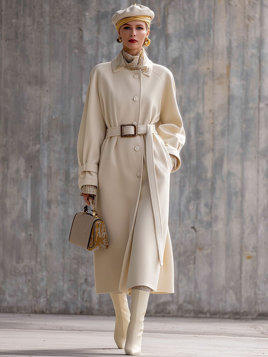Élégant Manteau Long en Laine Écru à Boutonnage Unique