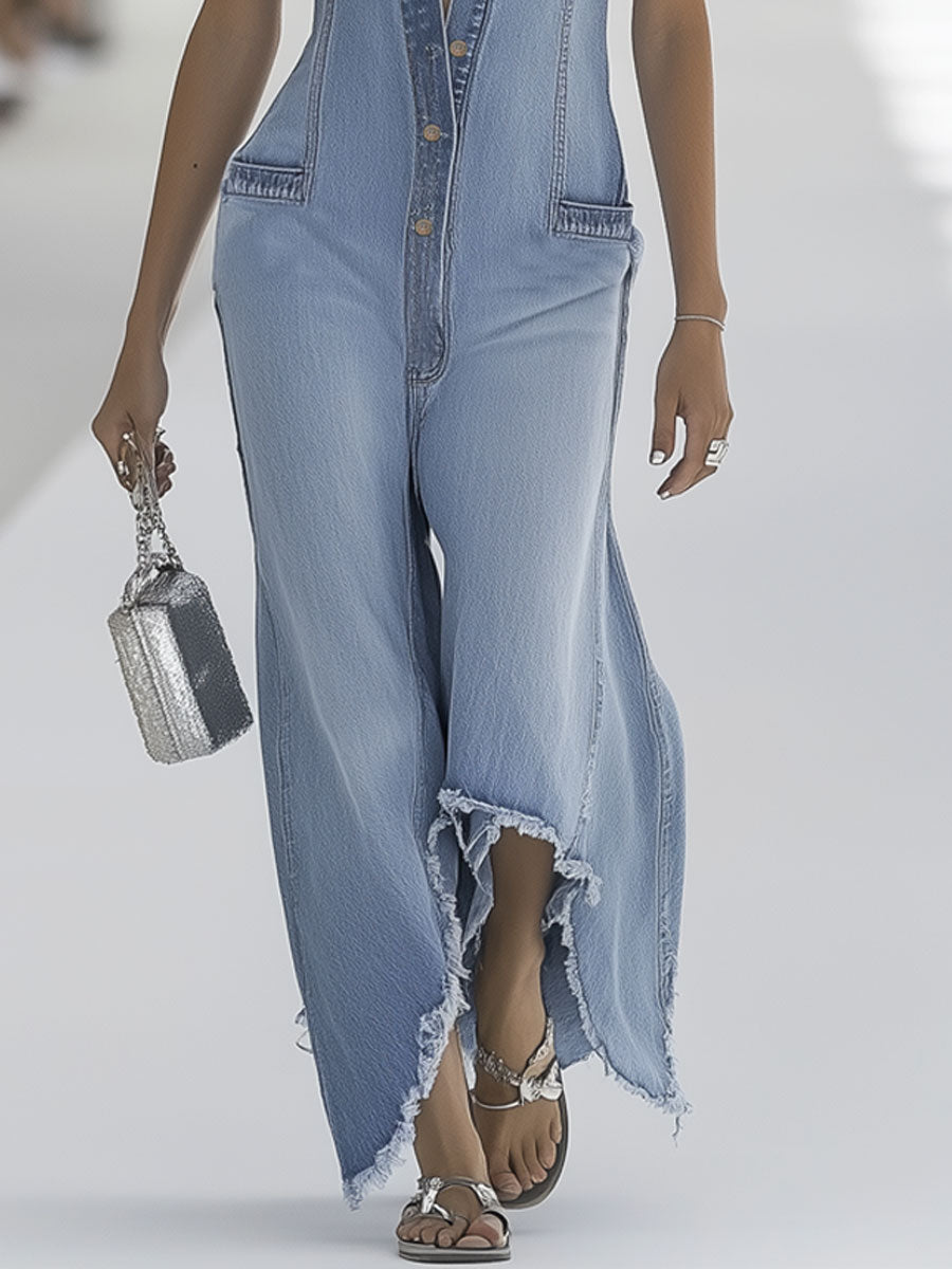 【Expédition en 24 heures】Salopette sans manches en denim bleu clair au style rétro, avec bords bruts et jambes larges zippées