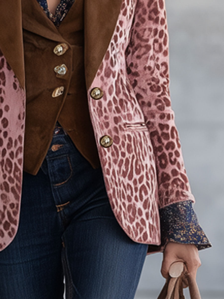 Veste Velours Rose à Imprimé Léopard - Chic Nomade Urbain avec Détails Marron