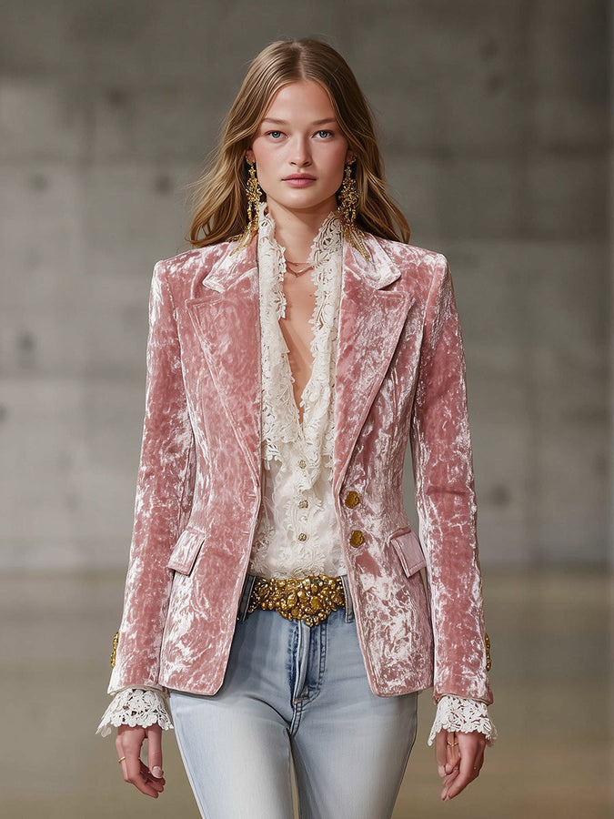 Veste en Velours Rose Rétro à Détails Dorés