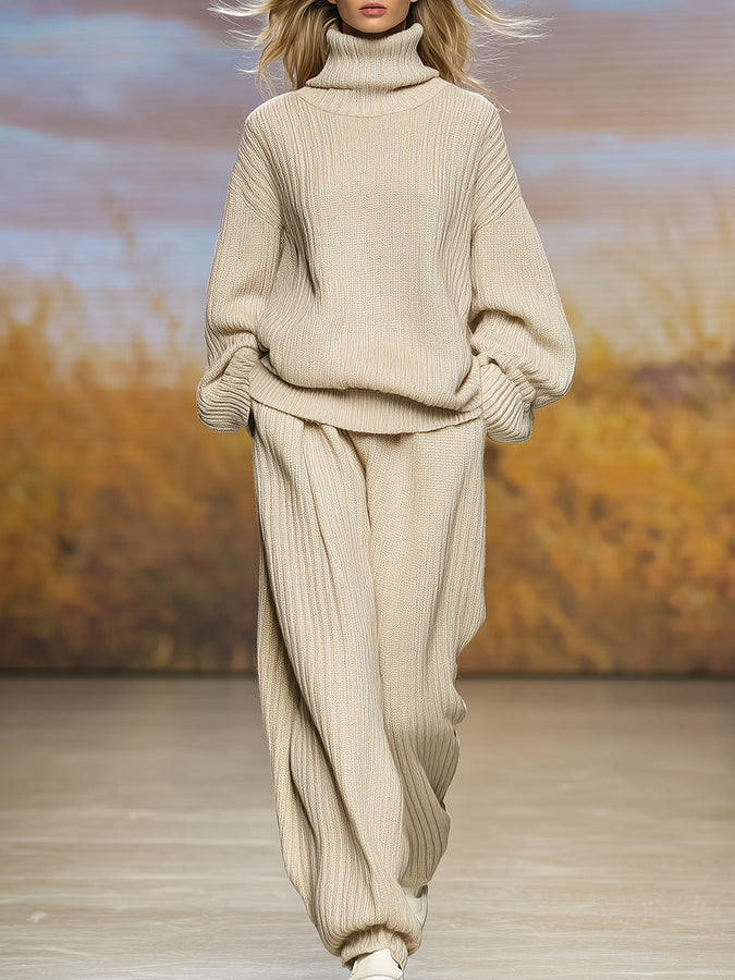 Ensemble Décontracté en Tricot Beige : Pull à Col Roulé et Pantalon