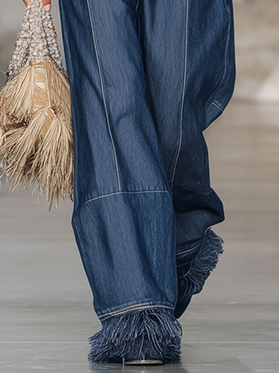 Jean Sombre Oversize avec Franges Vintage