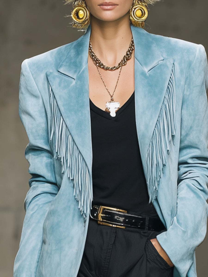 Veste en Suède Bleu Clair avec Col Pointe Vintage Western et Franges Élégantes