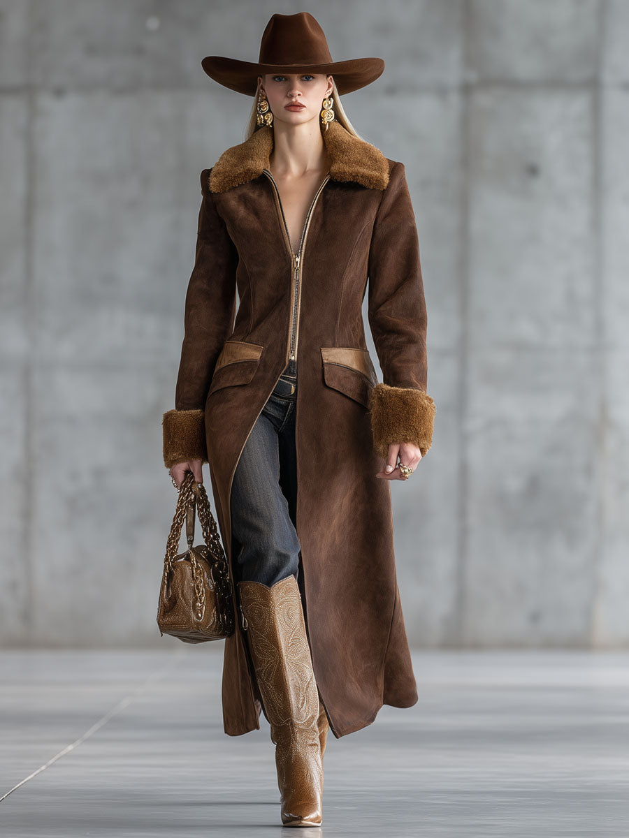 Veste Zippée en Suède avec Col en Fourrure Synthétique