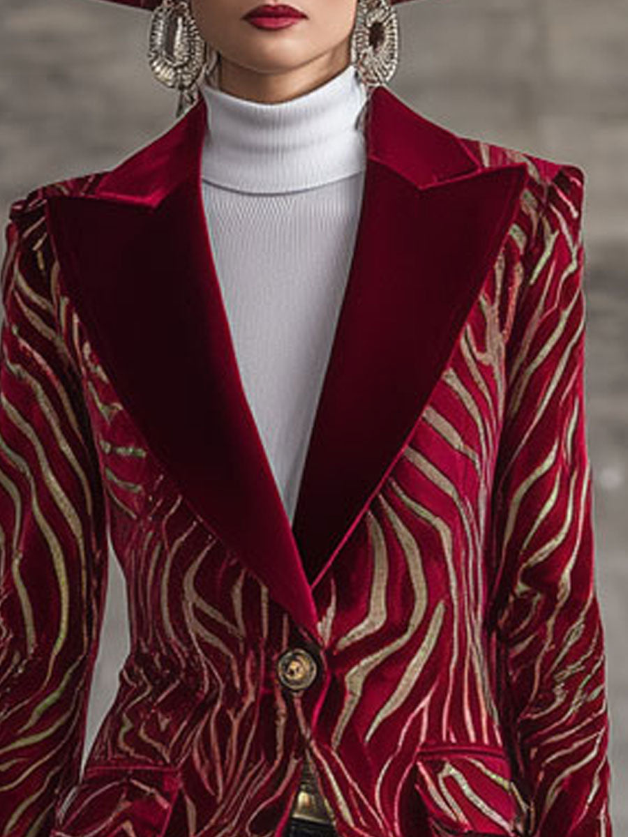 Veste Rétro en Velours Rouge avec Motif Zèbre Doré