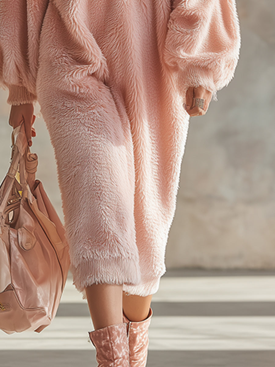 Robe Midi Flanelle Rose : Confort Décontracté avec Capuche et Manches Longues