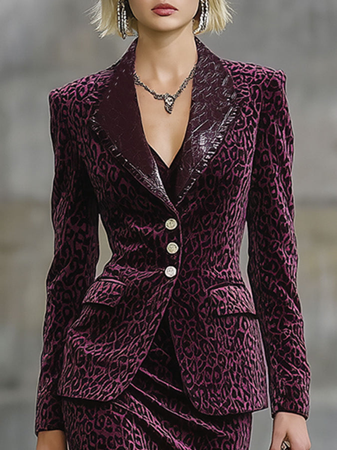 Veste Midi Velours Léopard Violet avec Accents en Simili Cuir