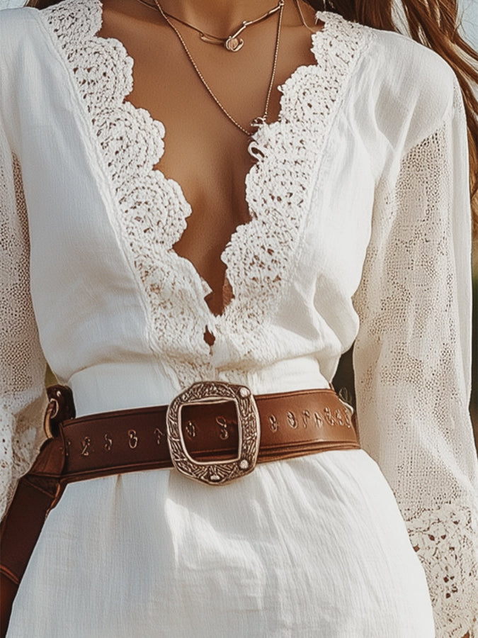 Robe en Lin Blanc pour Femme - Mi-Longue avec Détails en Dentelle et Col en V - Expédition Rapide sous 24 Heures