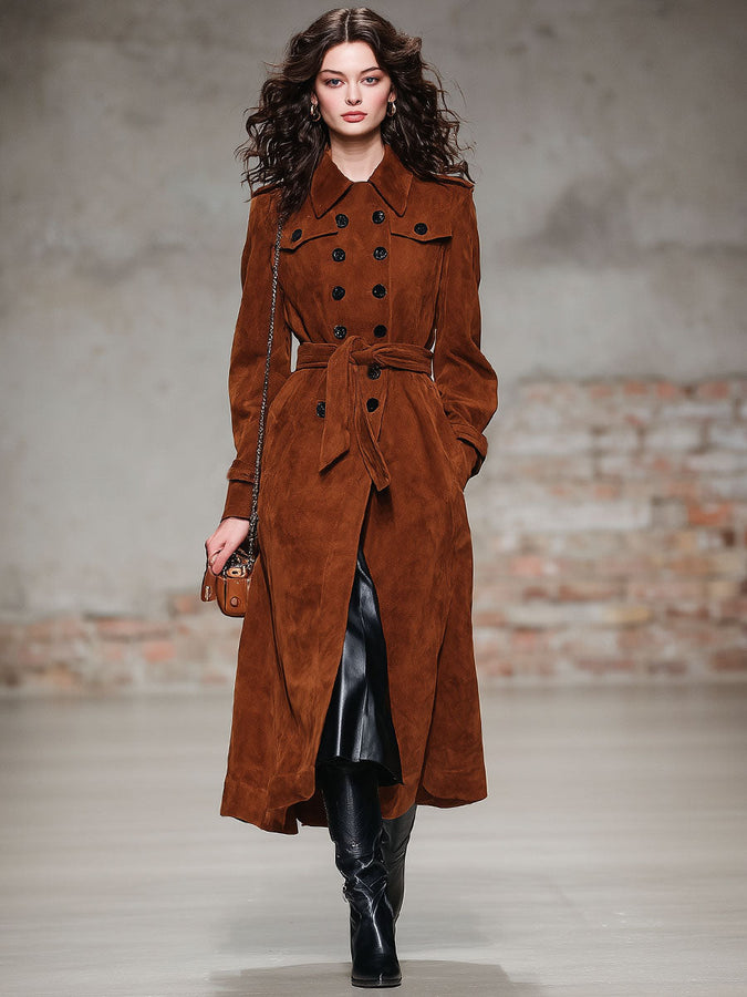 Trench en Suédine à Double Boutonnage avec Lacets - Coupe Oversized