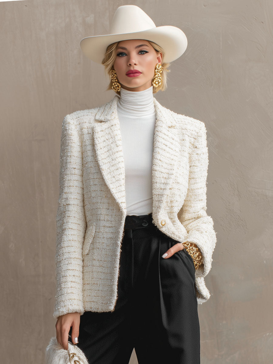 Tweed Blazer à Revers avec Bouton Unique et Poches Doubles