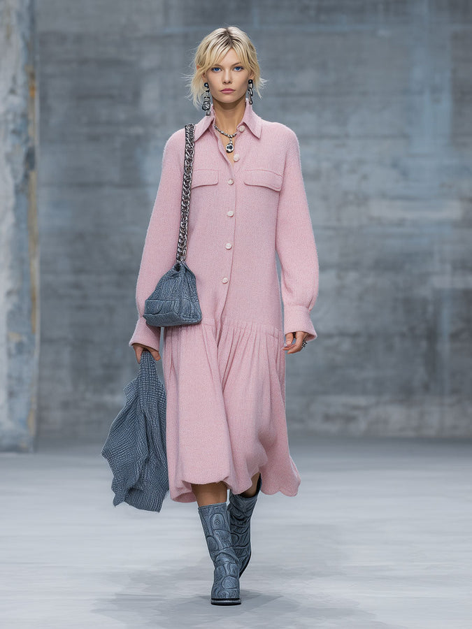 Robe Midi Plissée Rose Rétro à Manches Longues - Élégance Confortable