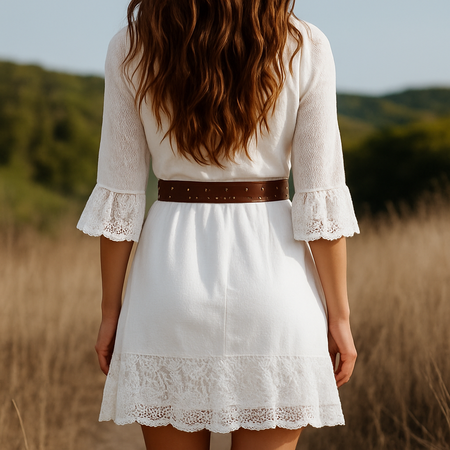 Robe en Lin Blanc pour Femme - Mi-Longue avec Détails en Dentelle et Col en V - Expédition Rapide sous 24 Heures