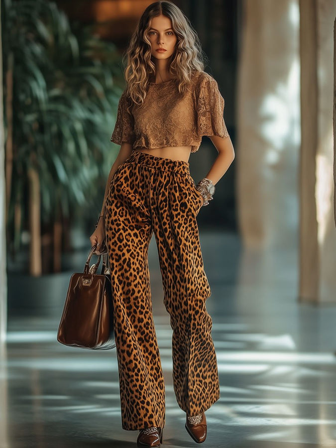 Livraison Rapide : Pantalons Décontractés en Velours Vintage Imprimé Léopard avec Poches et Taille Élastique