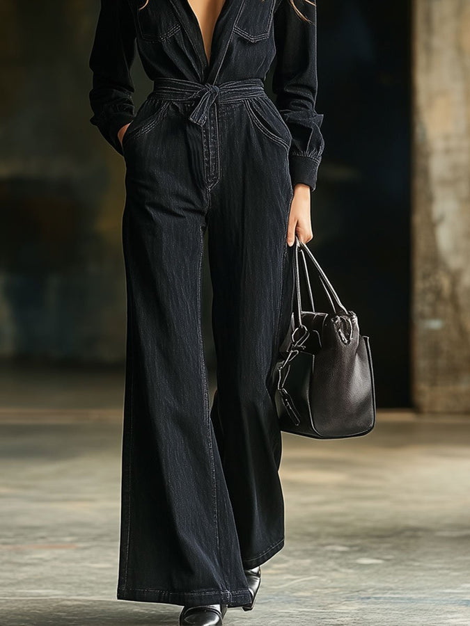 Combinaison en Denim Noir à Manches Longues avec Ceinture et Poches Multiples - Expédition Rapide en 24 Heures !