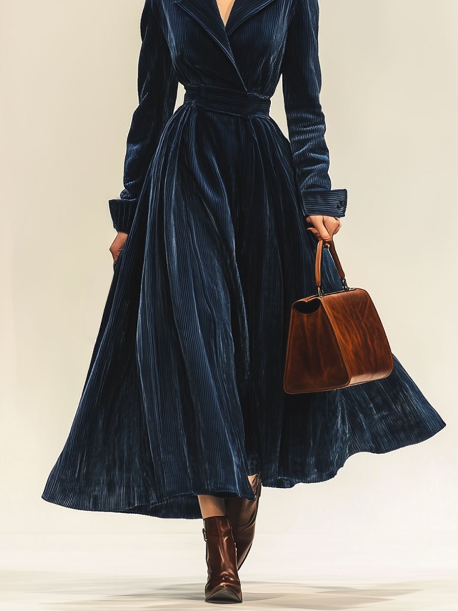 Robe Maxi Vintage en Velours Côtelé – Élégance Décontractée avec Col Revers et Manches Longues, Expédition en 24 Heures