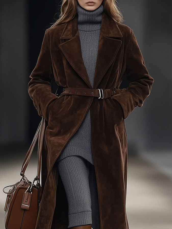 【Expédition en 24h】Manteau mi-long en suède chocolat, ceinturé et décontracté