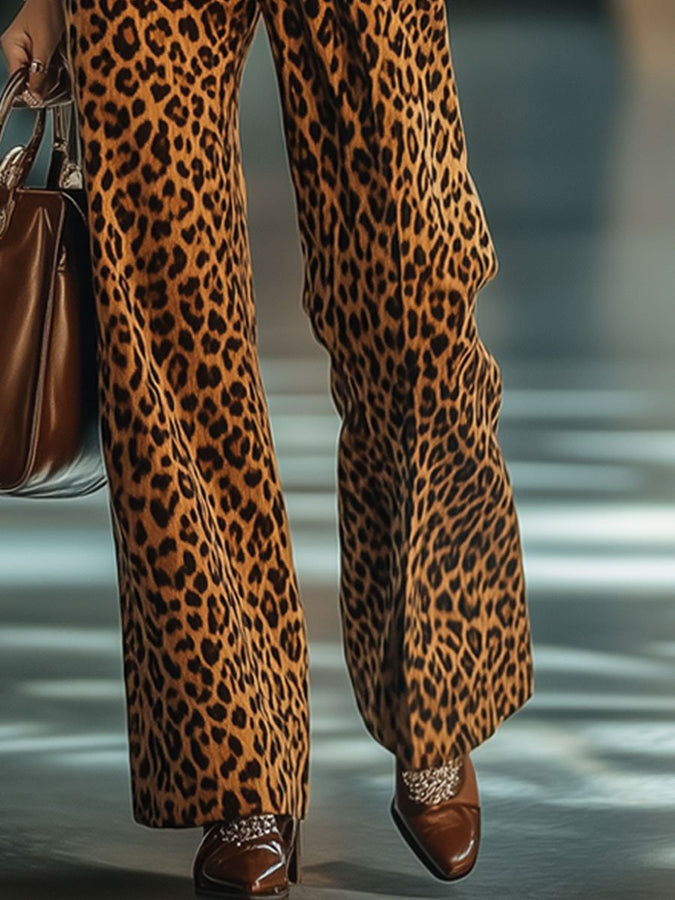 Livraison Rapide : Pantalons Décontractés en Velours Vintage Imprimé Léopard avec Poches et Taille Élastique
