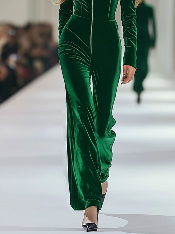 Combinaison en Velours Vert à Manches Longues avec Fermeture Éclair - Expédition Rapide en 24 Heures!