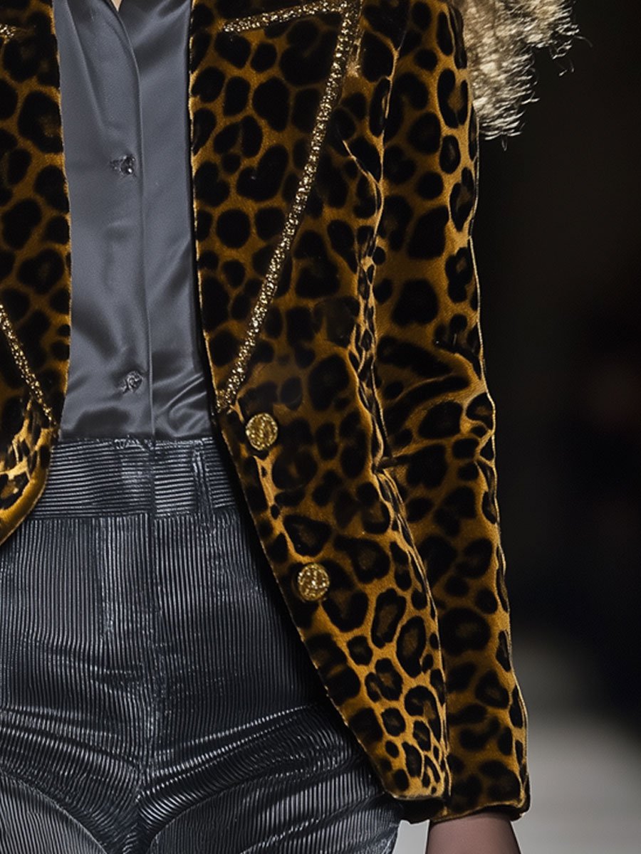Blazer Casual en Velours Léopard avec Revers et Détails Dorés - Expédition en 24 Heures