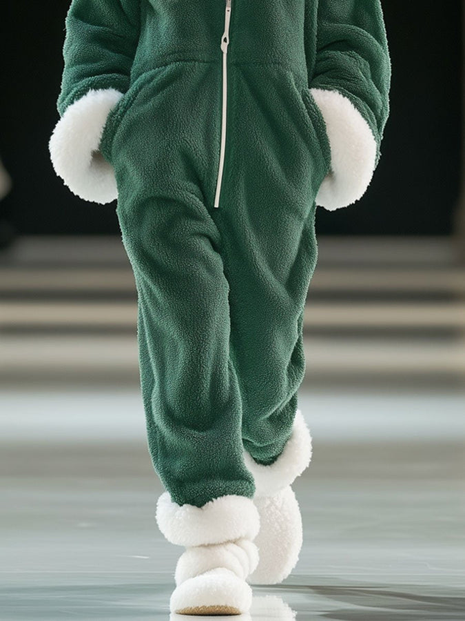 【Expédition Rapide en 24h】Sweat à Capuche Zippé en Polaire Verte et Blanche - Style Décontracté