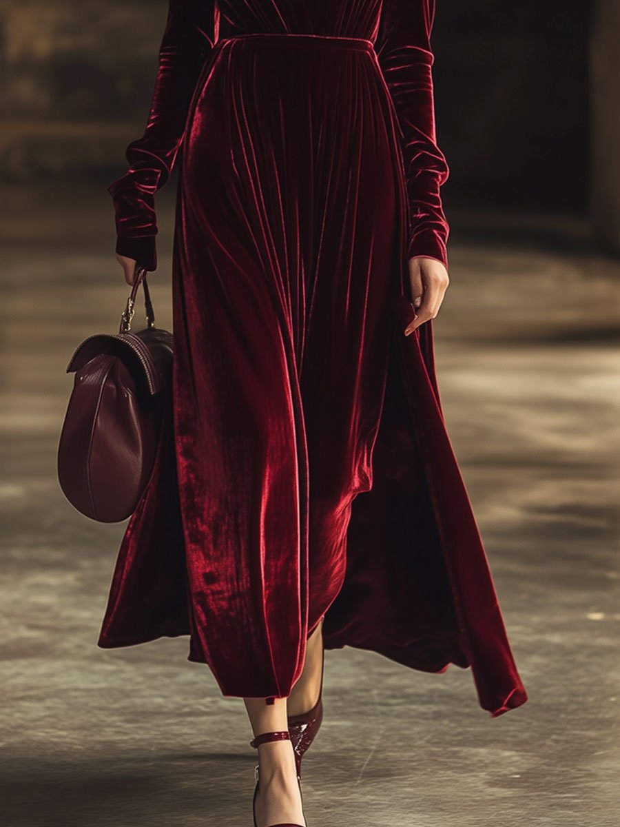 Robe Midi Longue en Velours Uni à Col V - Style Rétro, Expédition Rapide en 24 Heures