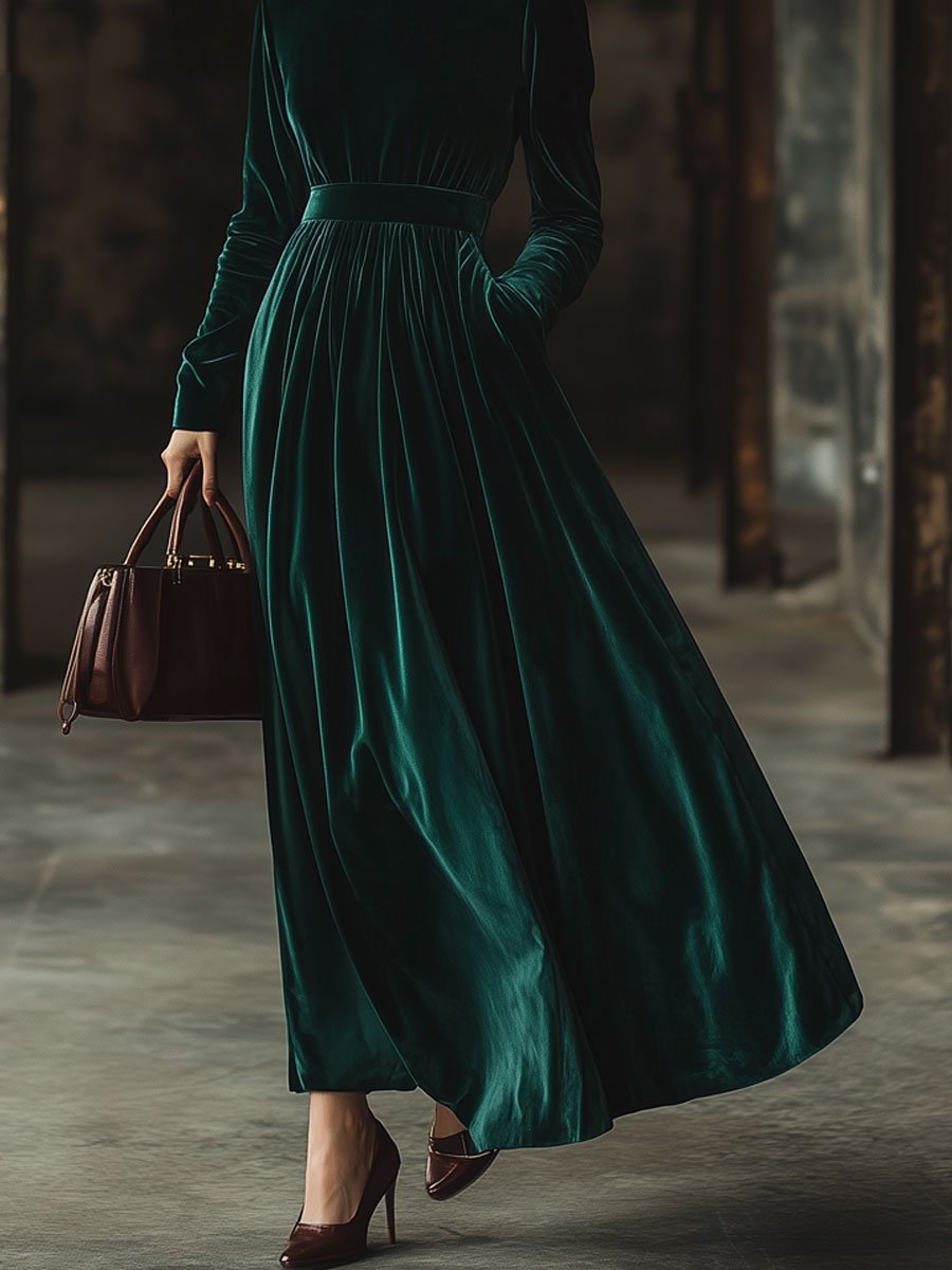 Robe Maxi en Velours Élegante à Col Montant - Manches Longues, Ample et Pratique avec Poches - Expédition Rapide en 24 Heures!
