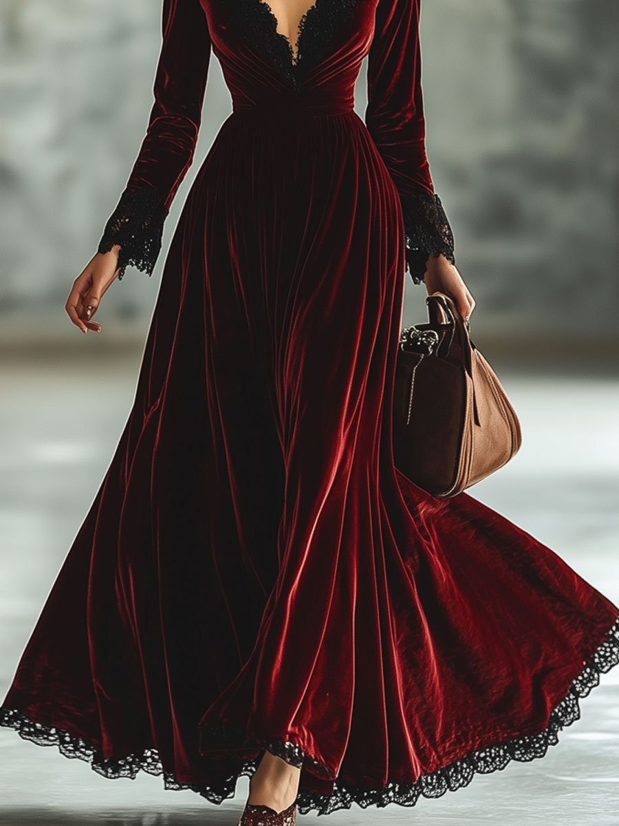 Robe Maxi Longue en Dentelle avec Manches Longues et Décolleté en V - Expédition Rapide en 24 Heures