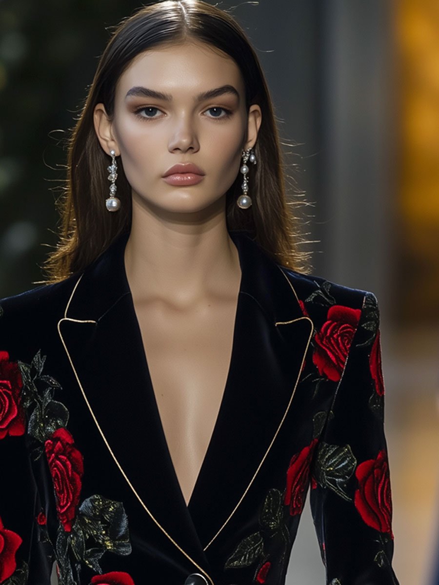 Blazer Vintage en Velours Rose Rouge avec Détails Dorés - Expédition Rapide en 24 Heures