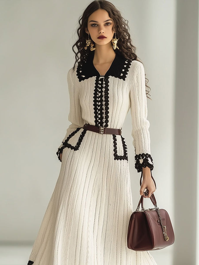 Robe Maxi Tricotée Rétro Colorblock à Manches Longues - Expédition Rapide en 24 Heures!