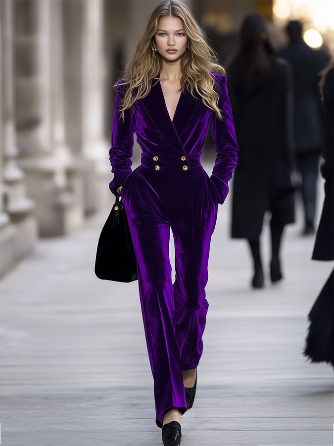 【Livraison en 24 heures】Combinaison Rétro en Velours Violet - Élégance Décontractée Haut de Gamme