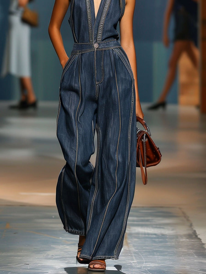 Expédition Rapide : Combinaison en Denim Sans Manches à Col en V – Style Rétro Décontracté