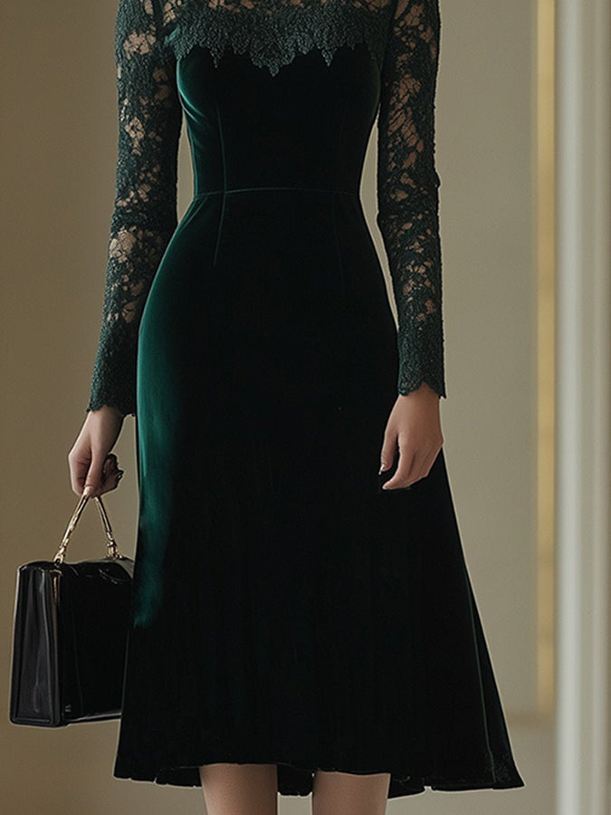 Robe Midi Élégante en Velours Rétro avec Dentelle et Col Montant - Expédition Rapide en 24 Heures