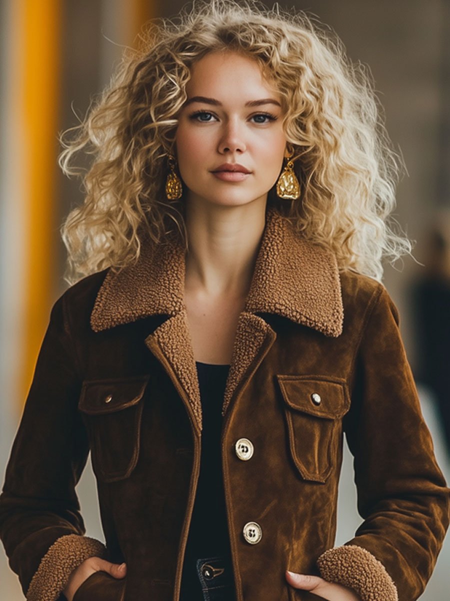 Veste Décontractée en Daim Rétro avec Patchwork en Laine et Multiples Poches - Expédition en 24 Heures