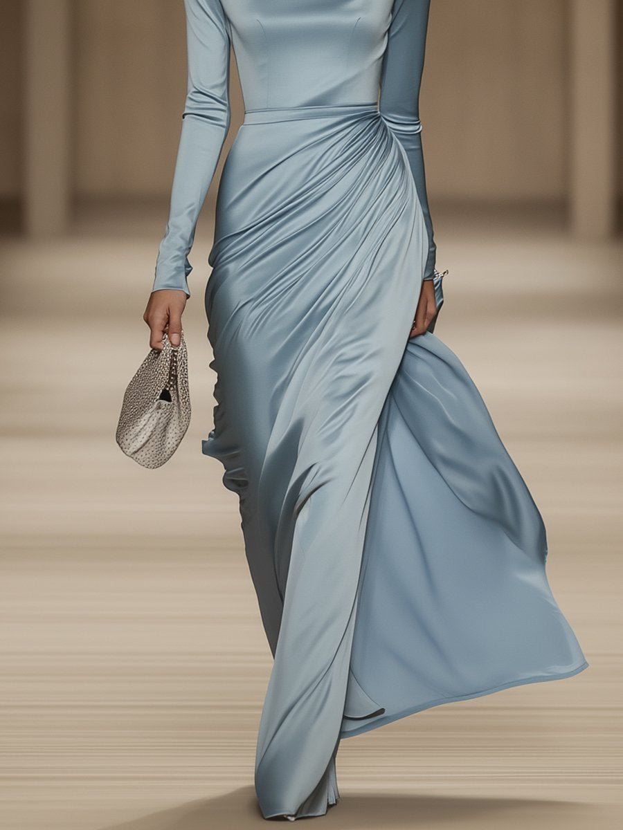 Robe Maxi Longue en Satin Bleu Élégante : Douceur et Style, Expédition en 24 Heures
