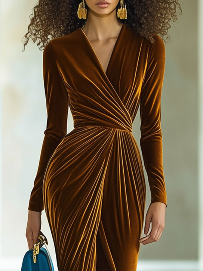 Robe Maxi de Soirée Vintage en Velours avec Fente et Col V - Expédition en 24 Heures