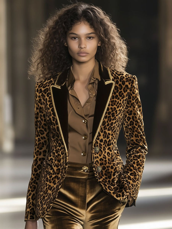 Veste Blazer en Velours Léopard : Élégance Instantanée avec Col Contrasté et Finitions Dorées - Expédition en 24h !