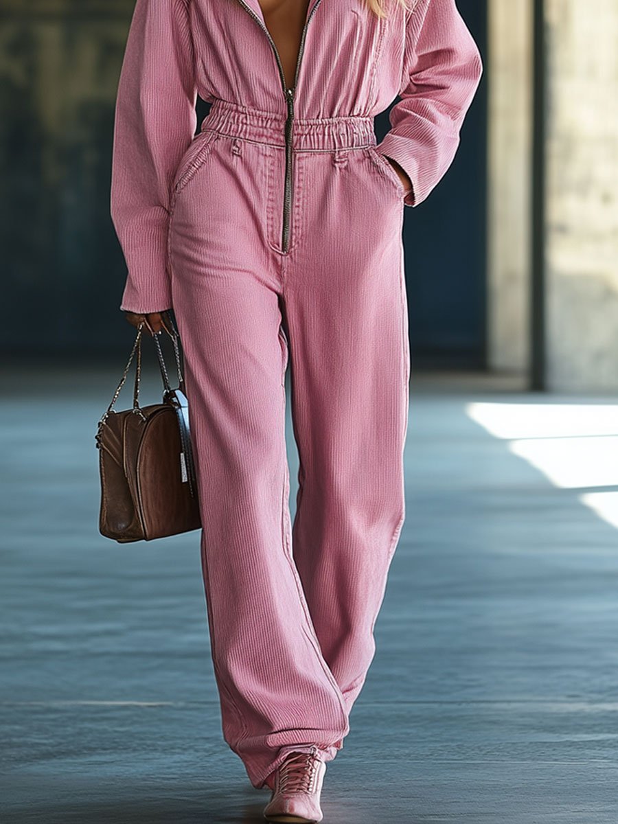 【Expédition en 24h】Combinaison zippée en velours côtelé au style rétro décontracté