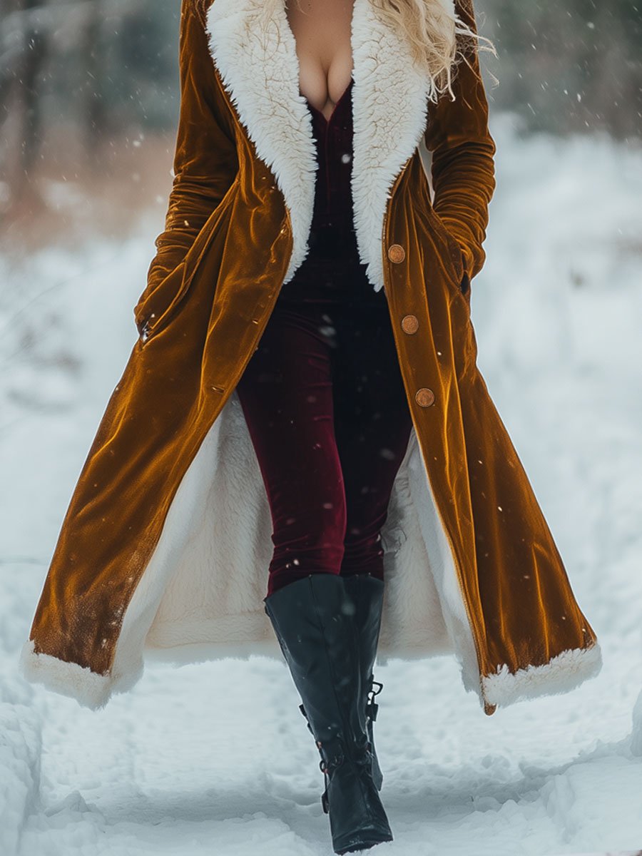 Veste Longue en Velours Vintage avec Poches - Lâche et Élégante en Laine à Boutonnage Simple