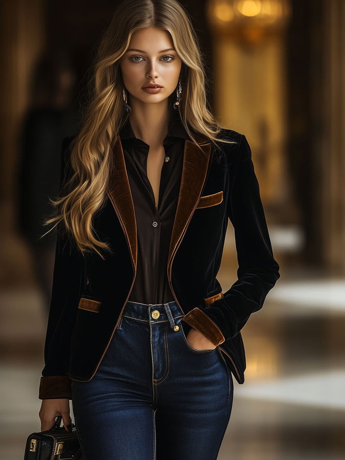 Blazer Rétro en Velours Noir et Marron - Expédition Rapide sous 24 Heures