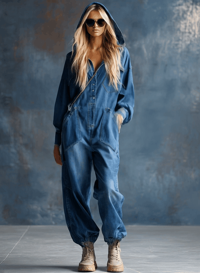 Combinaison Décontractée en Denim Bleu à Capuche avec Boutons et Manches Longues