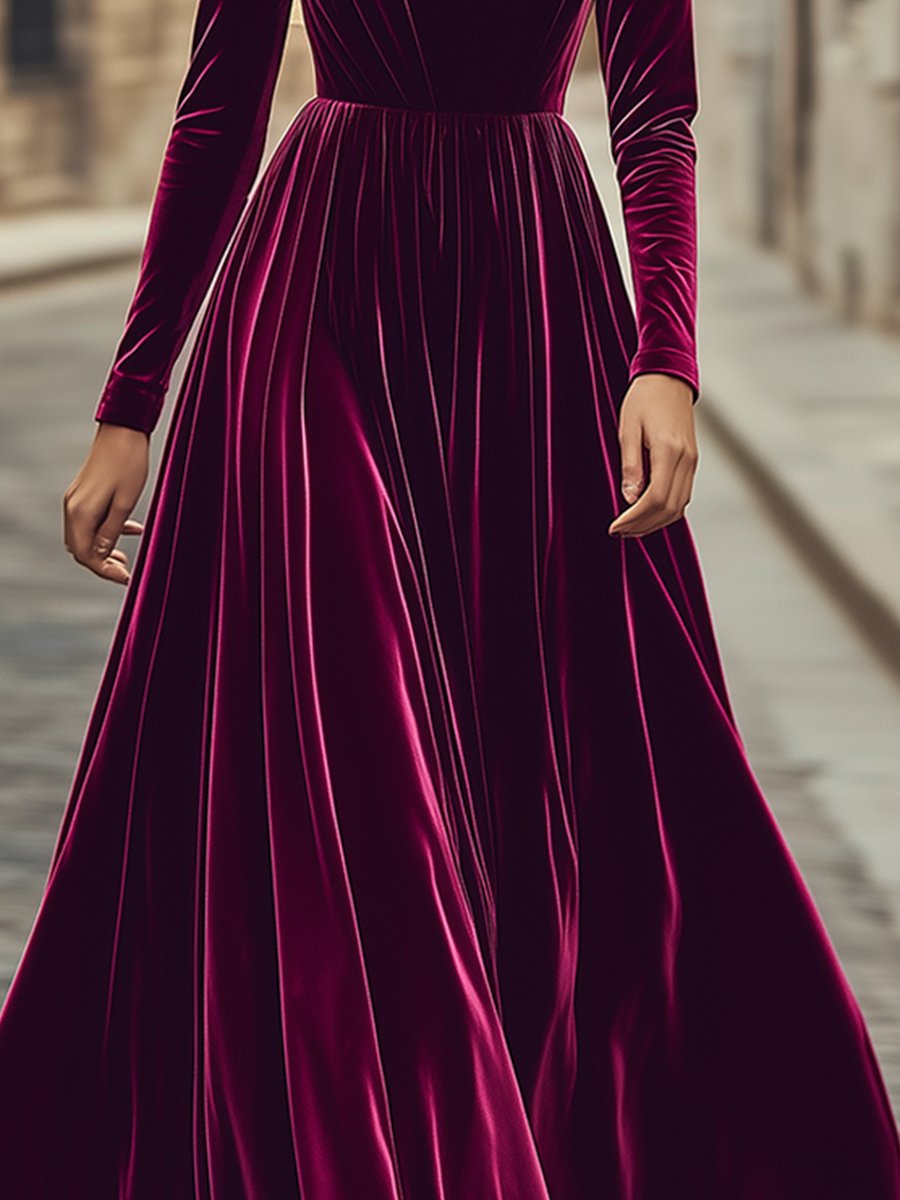 Robe Maxi en Velours à Col Montant – Style Rétro, Expédition Rapide en 24 Heures