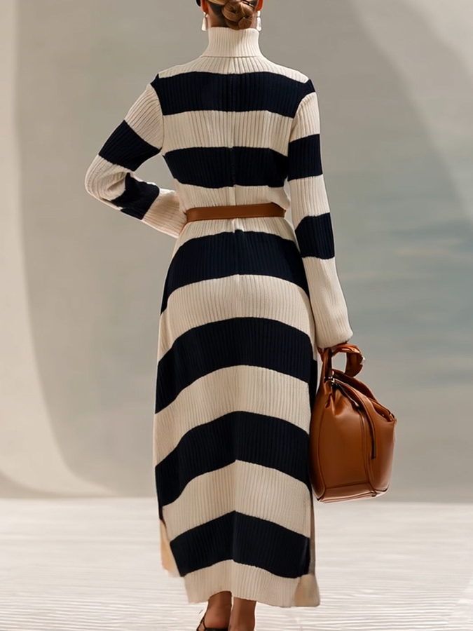 Robe Maxi Tricotée Élégante à Manches Longues - Col Haut en Rayures Contrastées Bleu Marine et Blanc