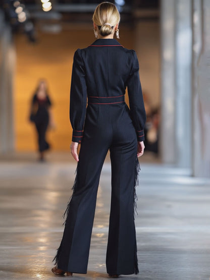 Salopette Évasée en Denim Bleu Marine à Franges avec Coutures Rouges Rétro et Manches Longues