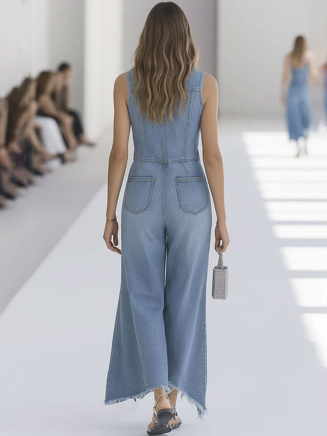 【Expédition en 24h】Combinaison sans manches en denim bleu clair au style western rétro, avec bords effilochés et jambes larges zippées