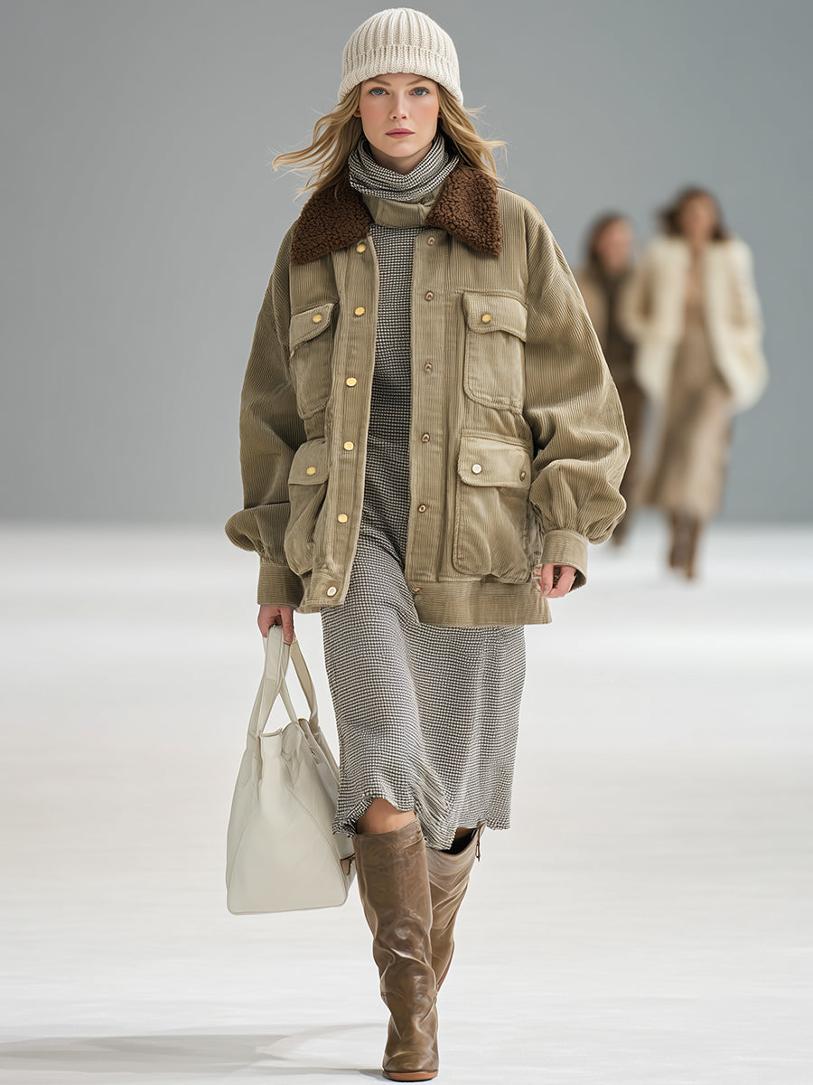 Veste Vintage en Velours Côtelé Marron avec Revers en Laine d'Agneau Kaki et Poches Pratiques