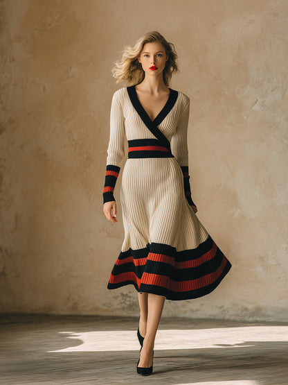 Robe Midi Rétro Beige à Rayures Rouge et Noire
