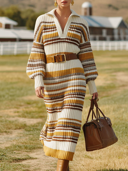 Robe Midi Tricotée à Rayures Jaunes et Marron avec Fermeture Éclair à Demi-Taille