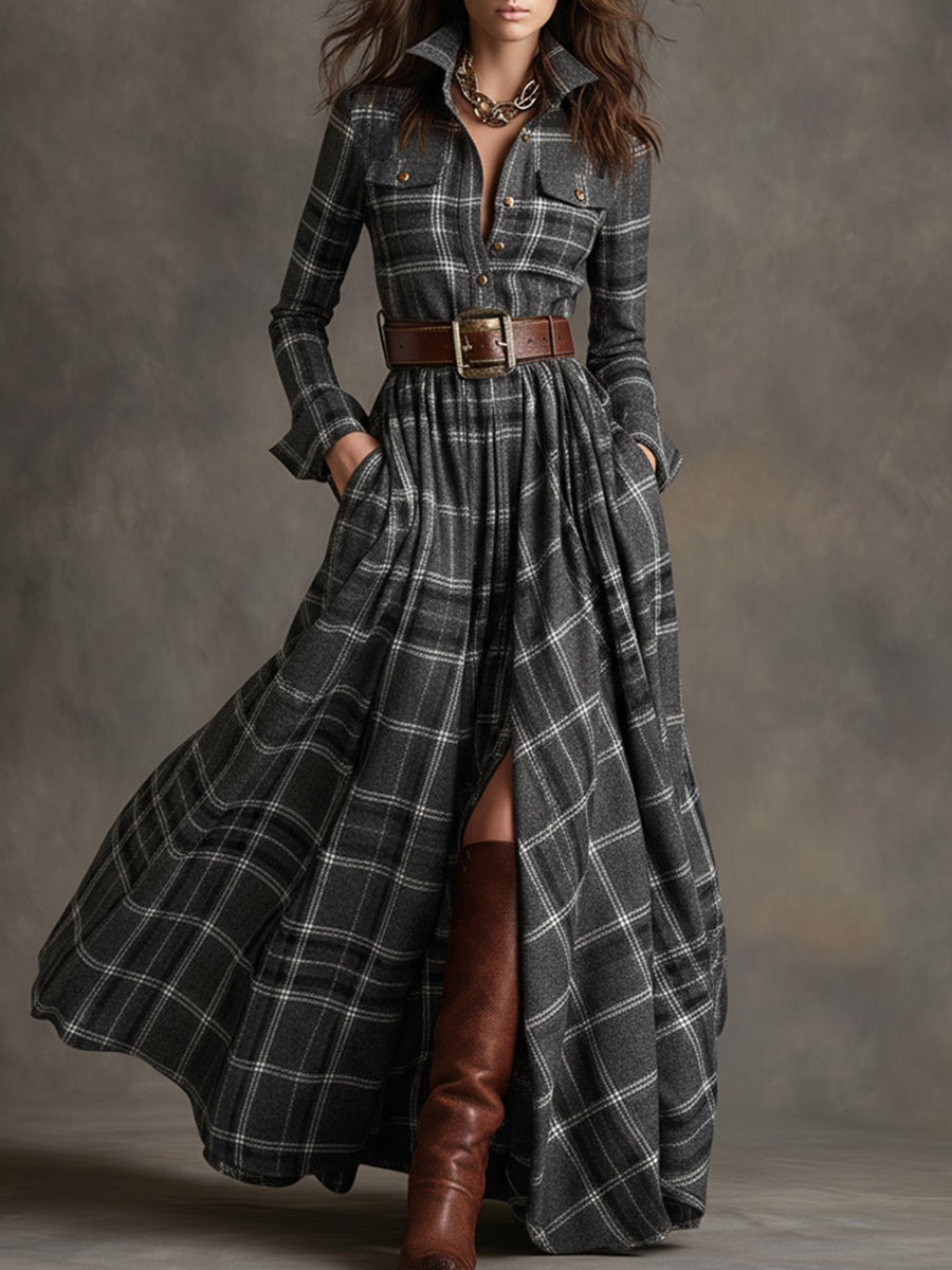 Robe Maxi Rétro à Carreaux Marron Rouge avec Col Ethnique