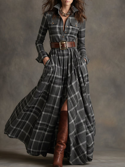 Robe Maxi Rétro à Carreaux Marron Rouge avec Col Ethnique